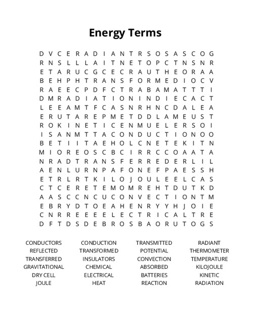 Energy Terms Word Search Puzzle