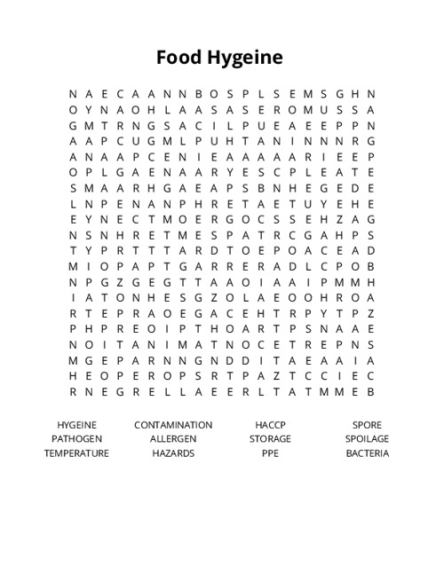 Food Hygeine Crossword Puzzle