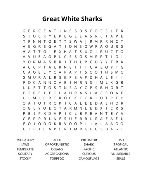 Great White Sharks Crossword Puzzle