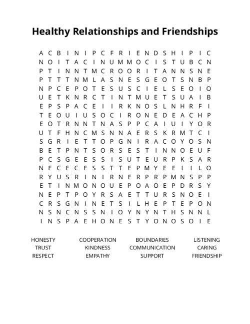Healthy Relationships and Friendships Crossword Puzzle