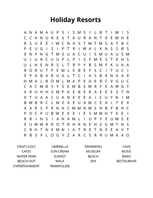Holiday Resorts Crossword Puzzle