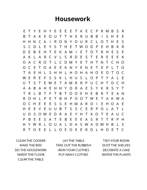 Housework Crossword Puzzle