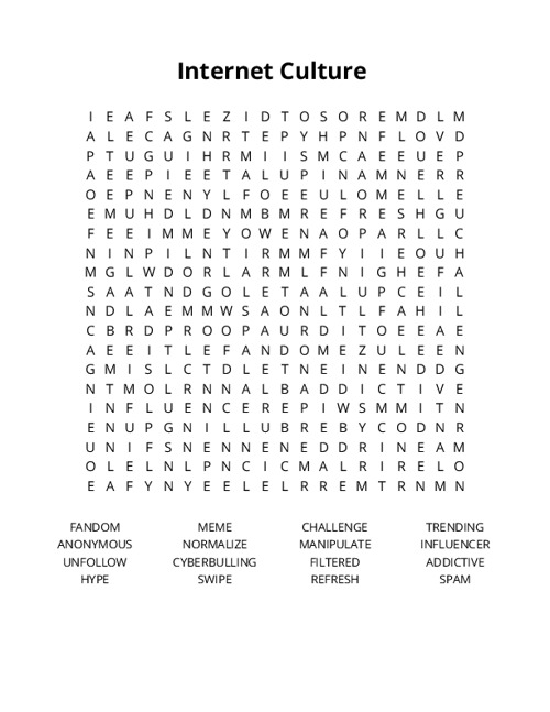 Internet Culture Word Search Puzzle