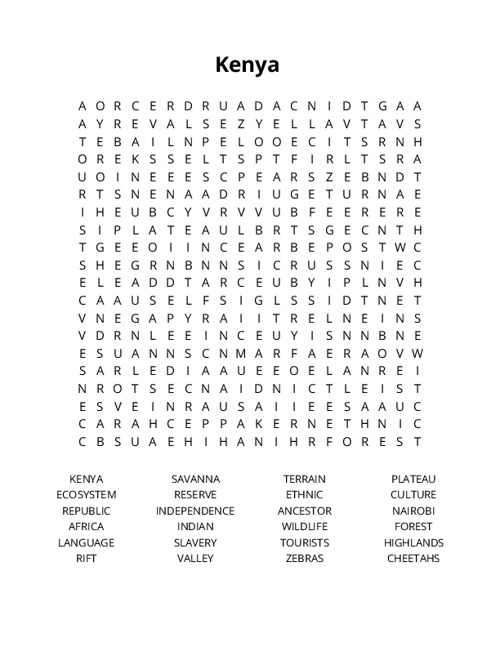 Kenya  Word Search Puzzle