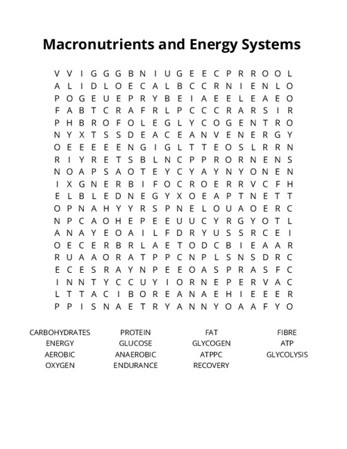 Macronutrients and Energy Systems Crossword Puzzle