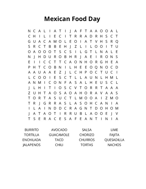 Mexican Food Day Word Search Puzzle