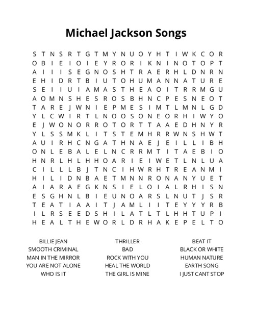 Michael Jackson Songs Crossword Puzzle