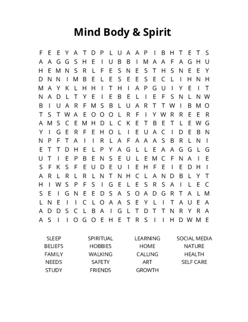 Mind Body & Spirit Crossword Puzzle