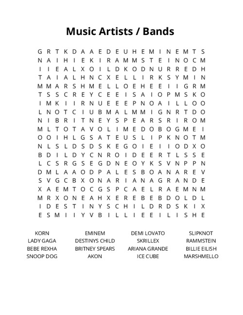 Music Artists / Bands Crossword Puzzle