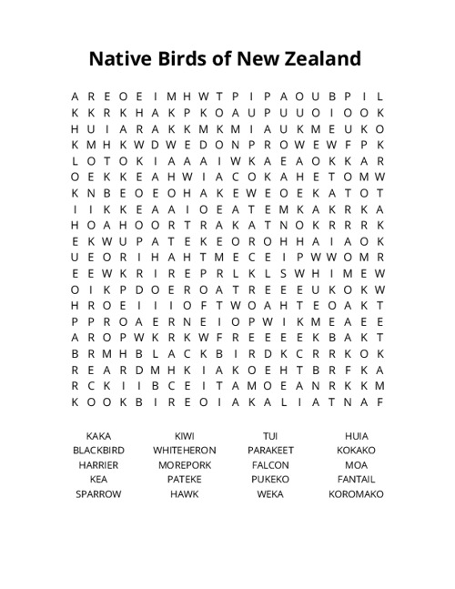 Native Birds of New Zealand Word Search Puzzle