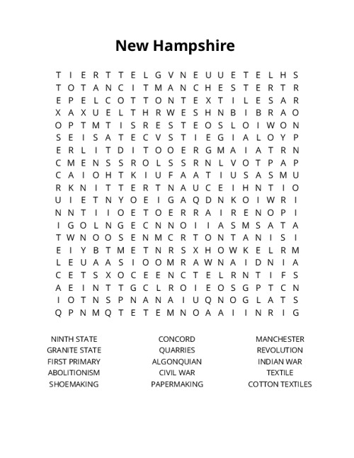 New Hampshire Word Search Puzzle