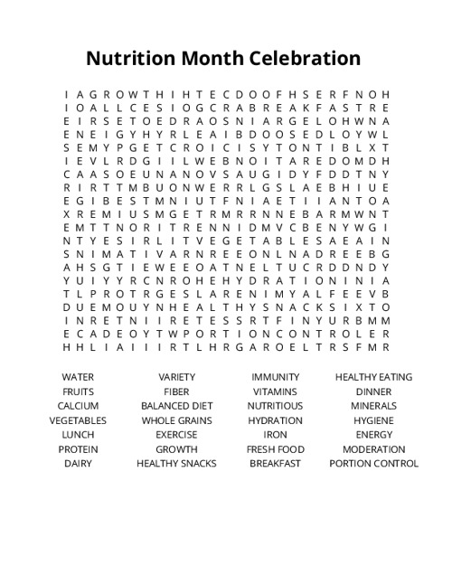 Nutrition Month Celebration Crossword Puzzle