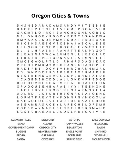 Oregon Cities & Towns  Word Search Puzzle