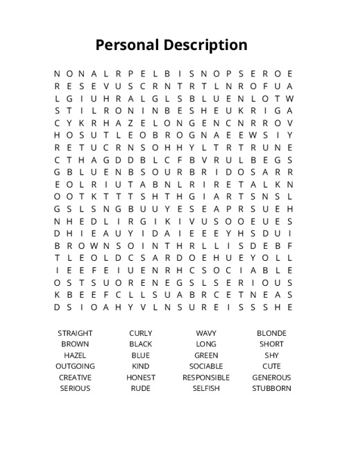 Personal Description Crossword Puzzle