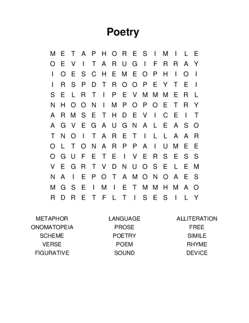 Poetry Word Search Puzzle