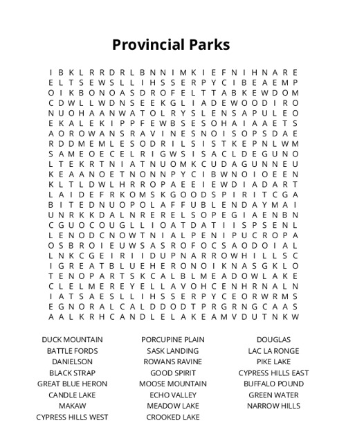 Provincial Parks Word Search Puzzle