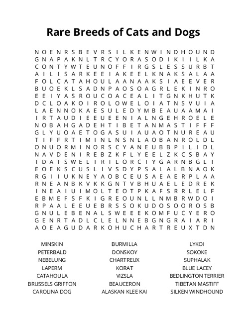 Rare Breeds of Cats and Dogs Crossword Puzzle