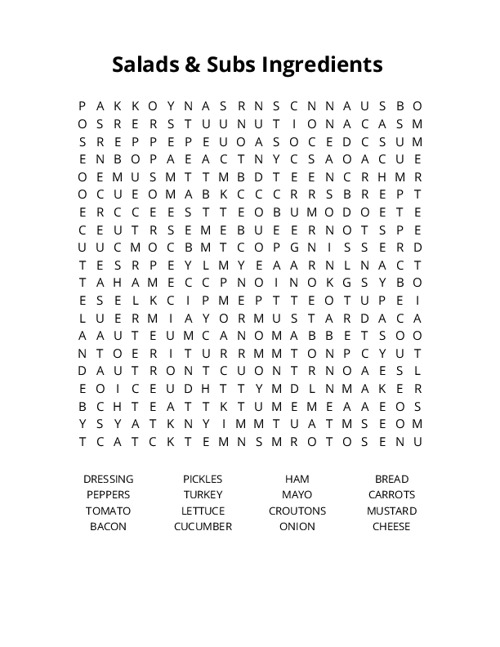Salads & Subs Ingredients Word Search Puzzle