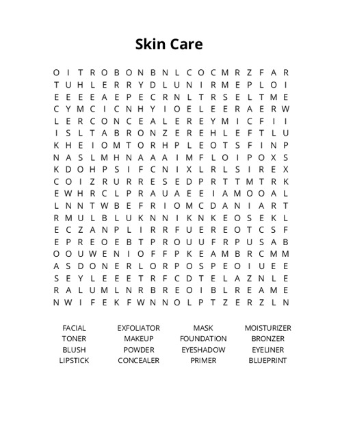 Skin Care Word Search Puzzle