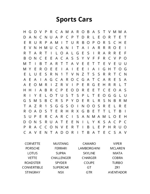 Sports Cars Crossword Puzzle