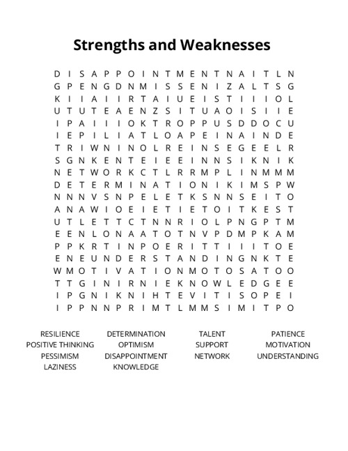 Strengths and Weaknesses  Word Search Puzzle