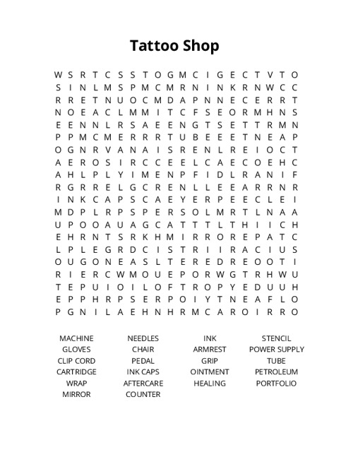 Tattoo Shop Crossword Puzzle