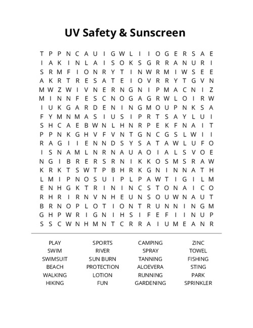 UV Safety & Sunscreen Crossword Puzzle