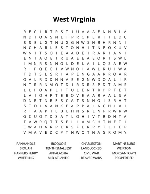 West Virginia Word Search Puzzle