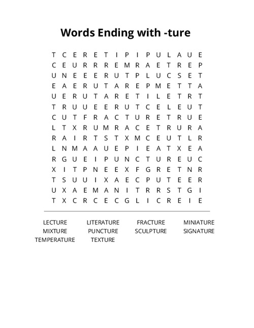 Words Ending with -ture Crossword Puzzle