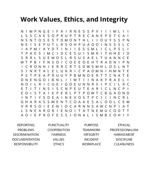 Work Values, Ethics, and Integrity Crossword Puzzle