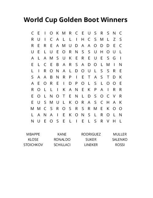 World Cup Golden Boot Winners Word Search Puzzle