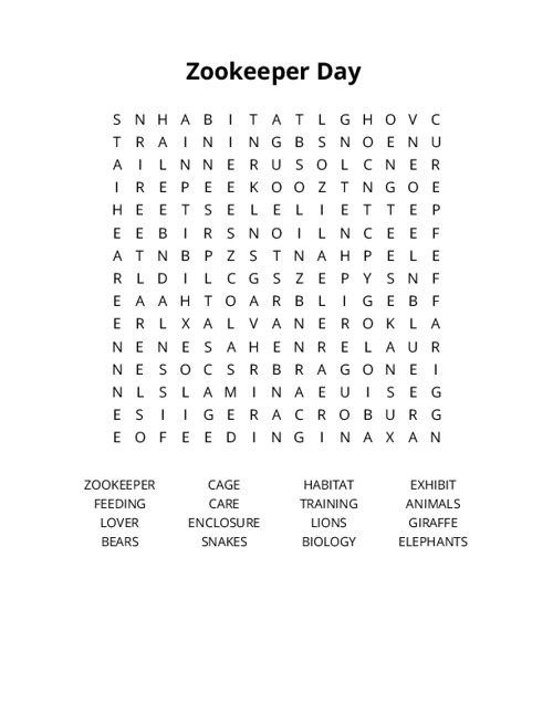 Zookeeper Day Word Search Puzzle