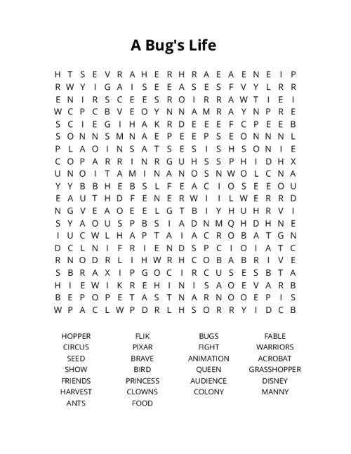 A Bugs Life  Word Search Puzzle