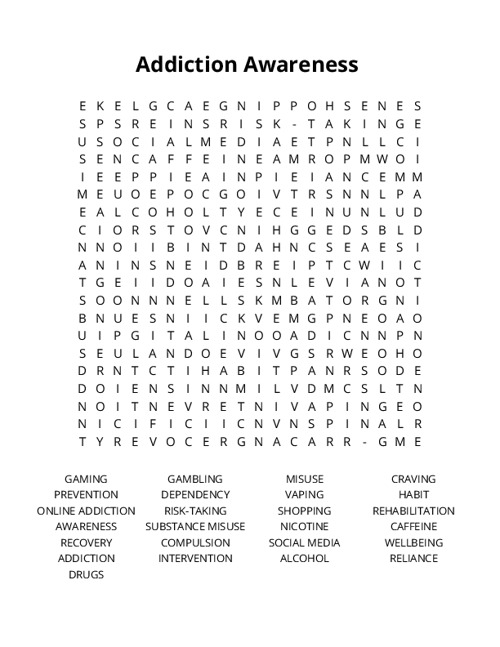 Addiction Awareness Word Search Puzzle
