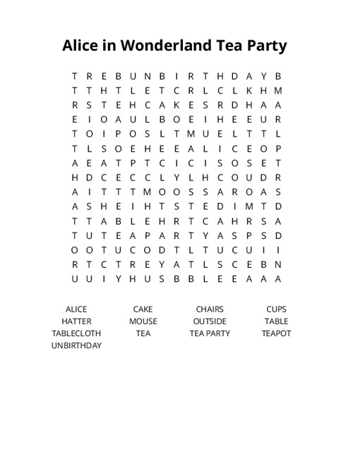 Alice in Wonderland Tea Party Crossword Puzzle