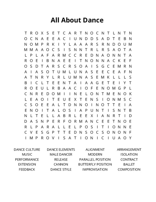 All About Dance  Word Search Puzzle