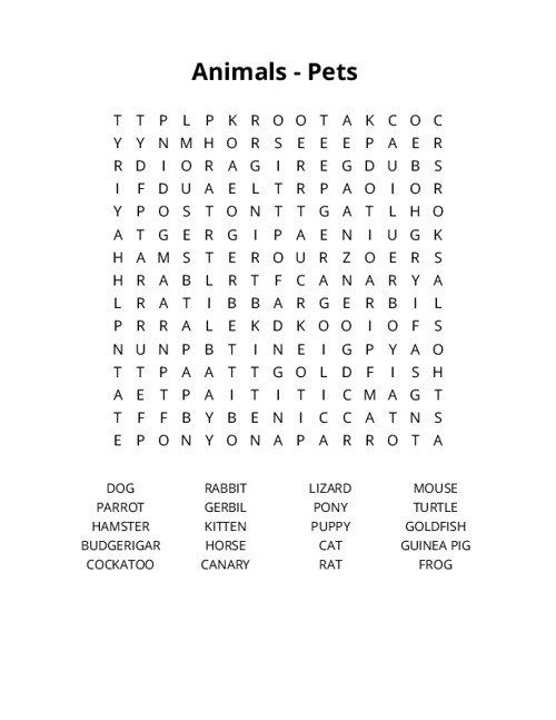 Animals - Pets Crossword Puzzle