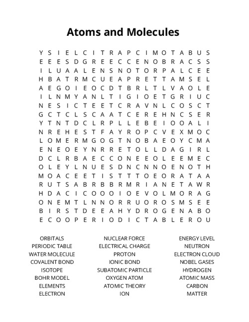 Atoms and Molecules Word Search Puzzle