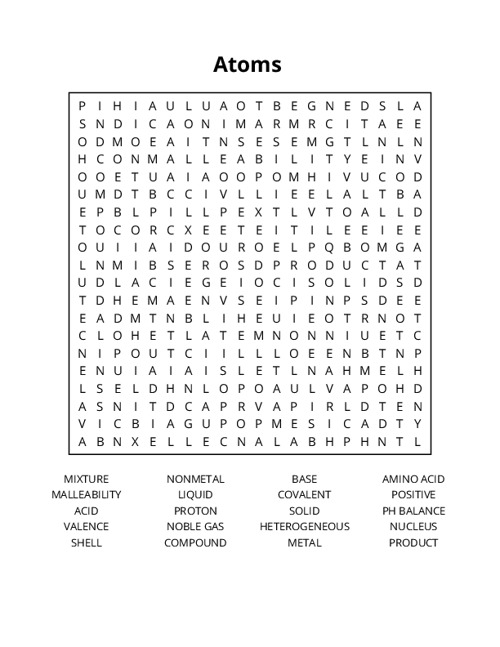 Atoms Word Search Puzzle
