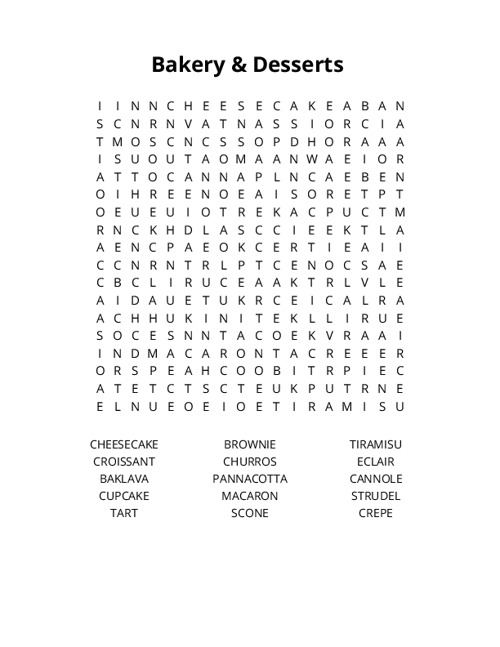 Bakery & Desserts  Word Search Puzzle
