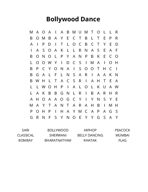 Bollywood Dance Crossword Puzzle