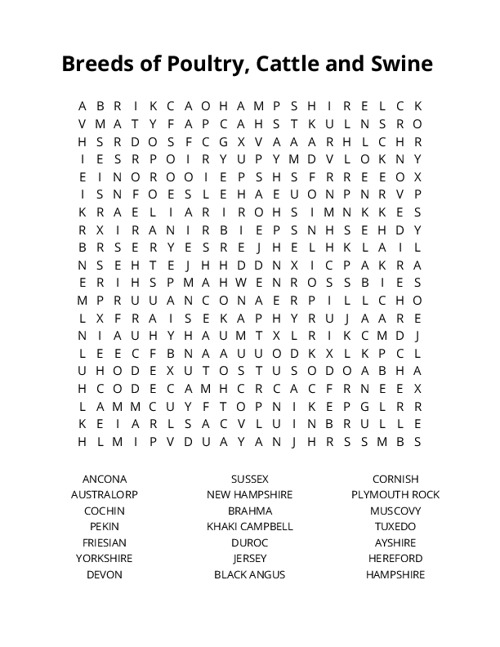 Breeds of Poultry, Cattle and Swine Crossword Puzzle