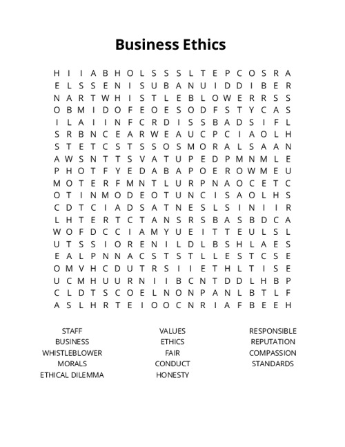 Business Ethics Crossword Puzzle