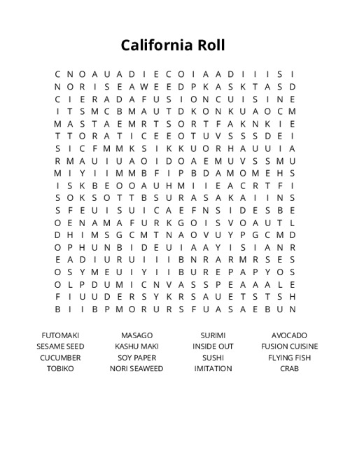 California Roll Word Search Puzzle