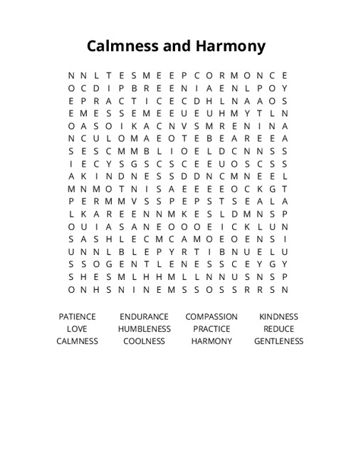 Calmness and Harmony Word Search Puzzle