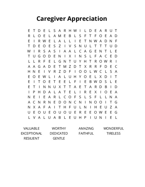 Caregiver Appreciation  Word Search Puzzle