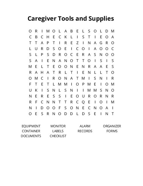 Caregiver Tools and Supplies Crossword Puzzle
