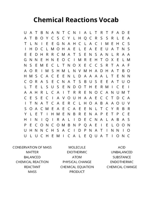 Chemical Reactions Vocab Word Search Puzzle