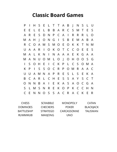 Classic Board Games Word Search Puzzle