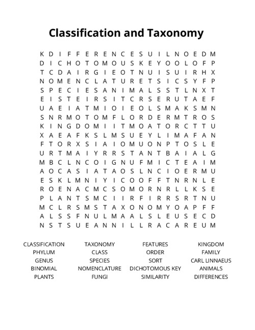 Classification and Taxonomy Crossword Puzzle